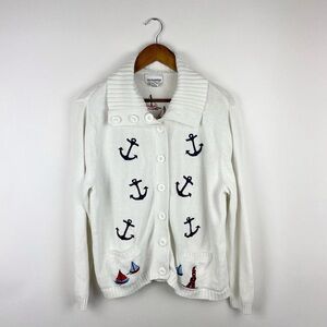 Vintage Breckenridge White Sailboat Embroidered Cardigan Nautical Coastal XL